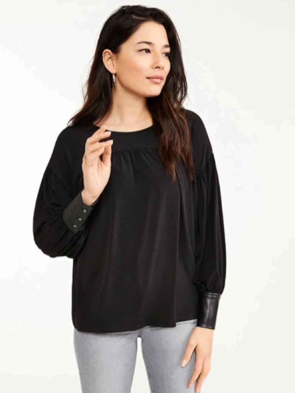 ANN TAYLOR Black Blouse with Faux Leather Cuffs sz S